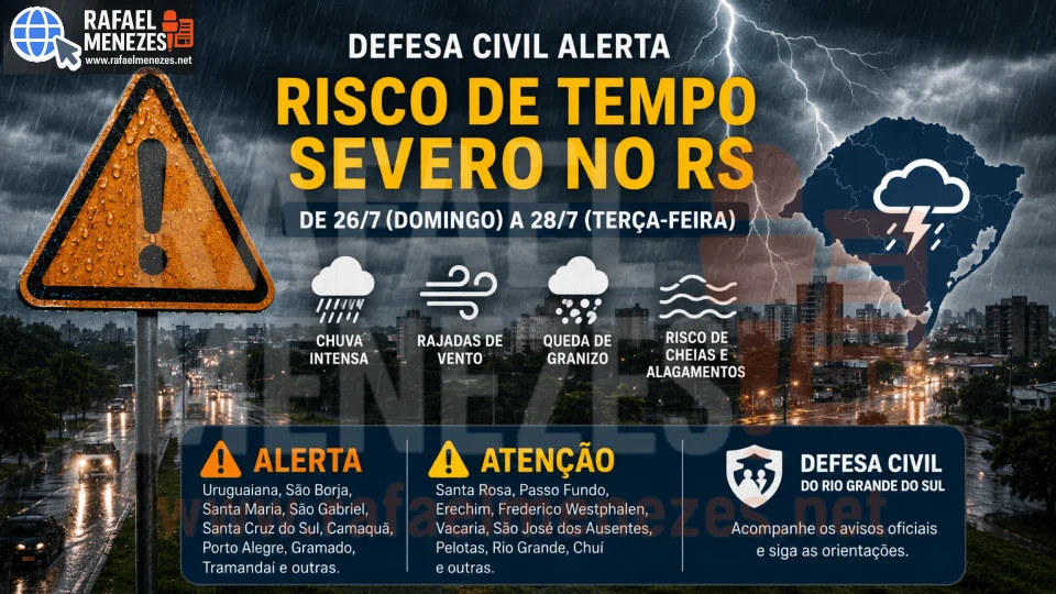 Novo alerta da Defesa Civil coloca Santa Maria e outras regiões do RS sob risco de temporais severos até terça-feira
